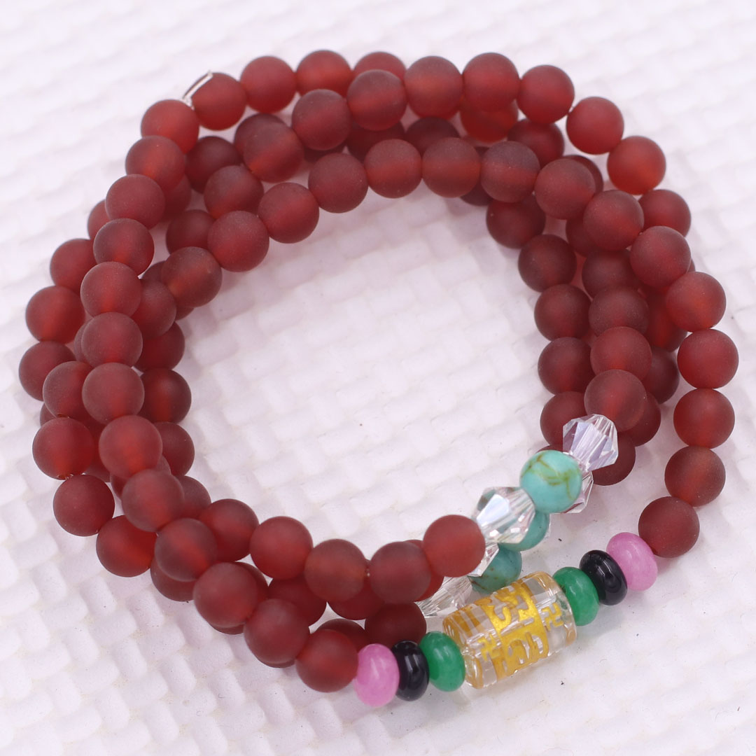 Vòng chuỗi 108 hạt mã não đỏ mờ 6 ly charm lục tự kim ngôn, vòng chuỗi niệm Phật, vòng chuỗi đeo tay