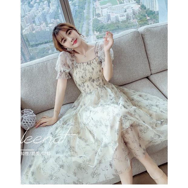 Đầm xoè voan hoa mocking tay phồng siêu xinh