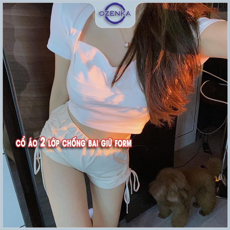 Áo croptop cổ vuông tay ngắn ôm body nữ , ao thun crt nữ kiểu Hàn Quốc màu đen trắng 100% cotton dưới 50 cân