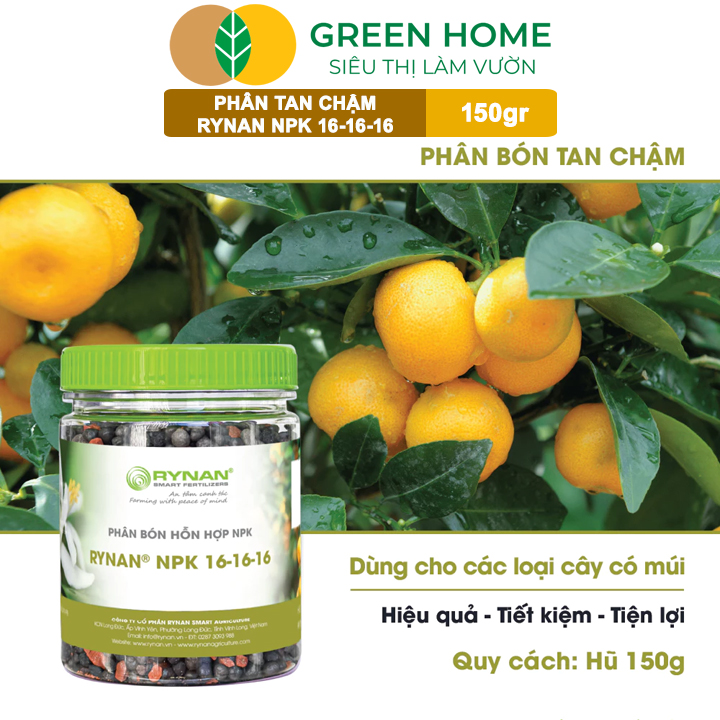 Phân Tan Chậm GreenHome, Rynan NPK 16-16-16, Hũ 150gr, Dùng Cho Cây Có Múi Khỏe Bền Tán Xanh Rễ Mạnh