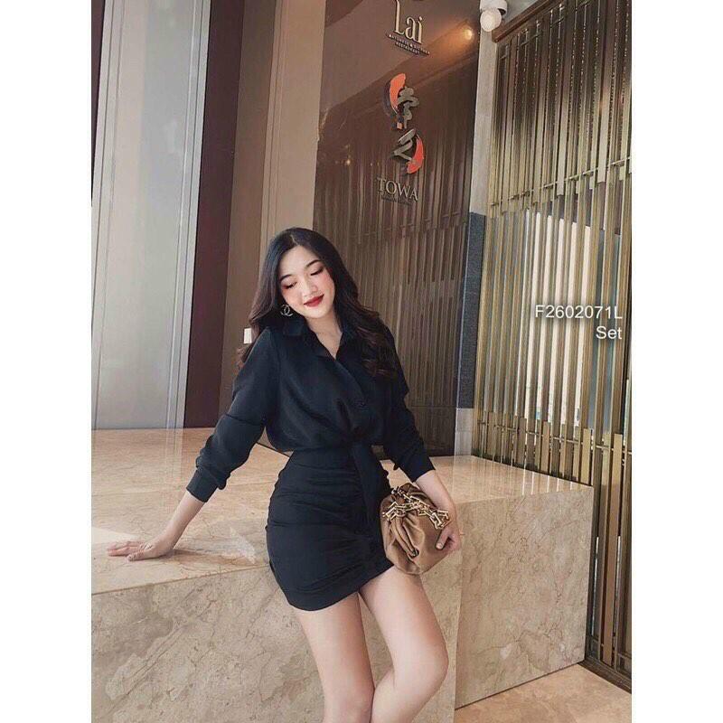 Set bộ sáo sơ mi cài nút sang trọng kèm chân váy chất lụa satin đẹp