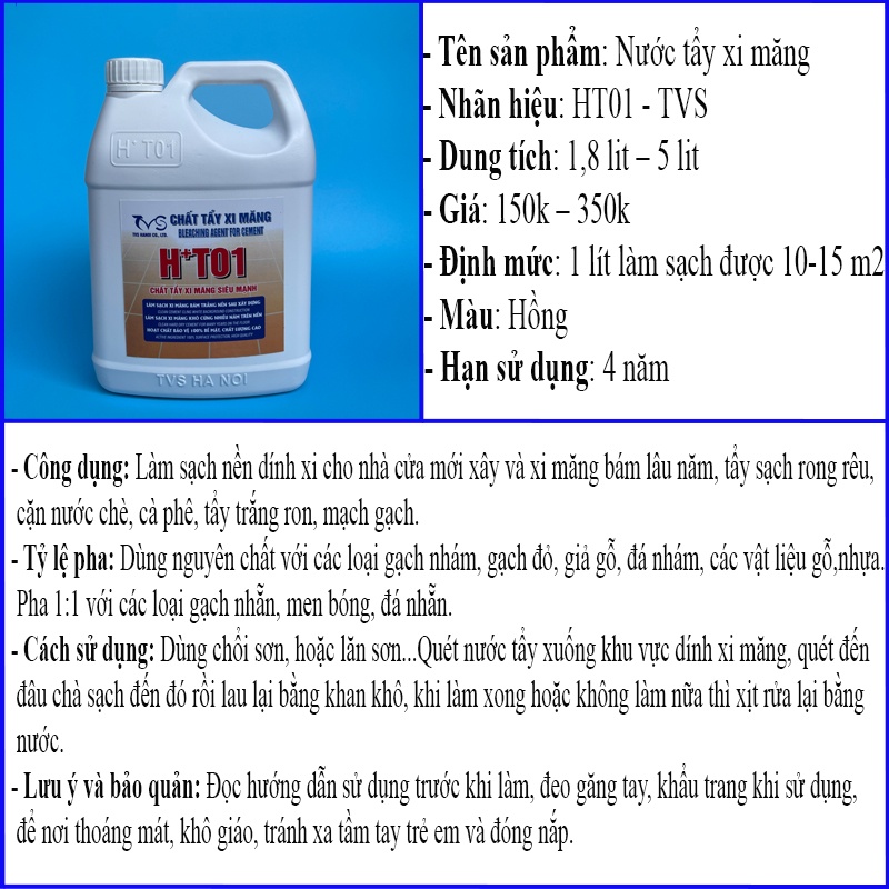 Nước tẩy xi măng, rêu công nghiệp chuyên dụng loại 5 lit - hàng chính hãng