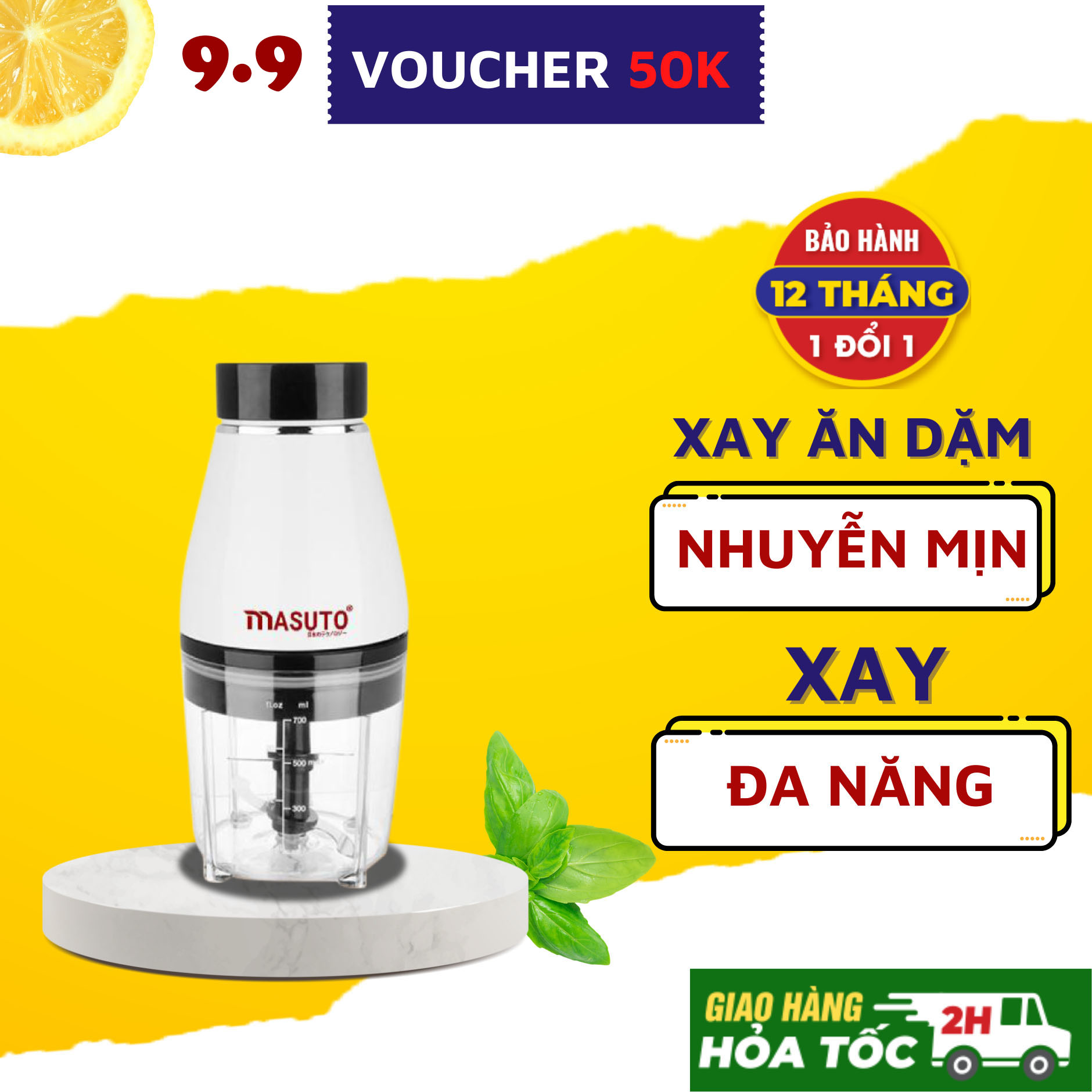 Máy xay nhựa đa năng Masuto xay sinh tố thịt tôm cua cá ăn dặm siêu nhuyễn mịn chỉ 10s cối 0,6L -HÀNG CHÍNH HÃNG