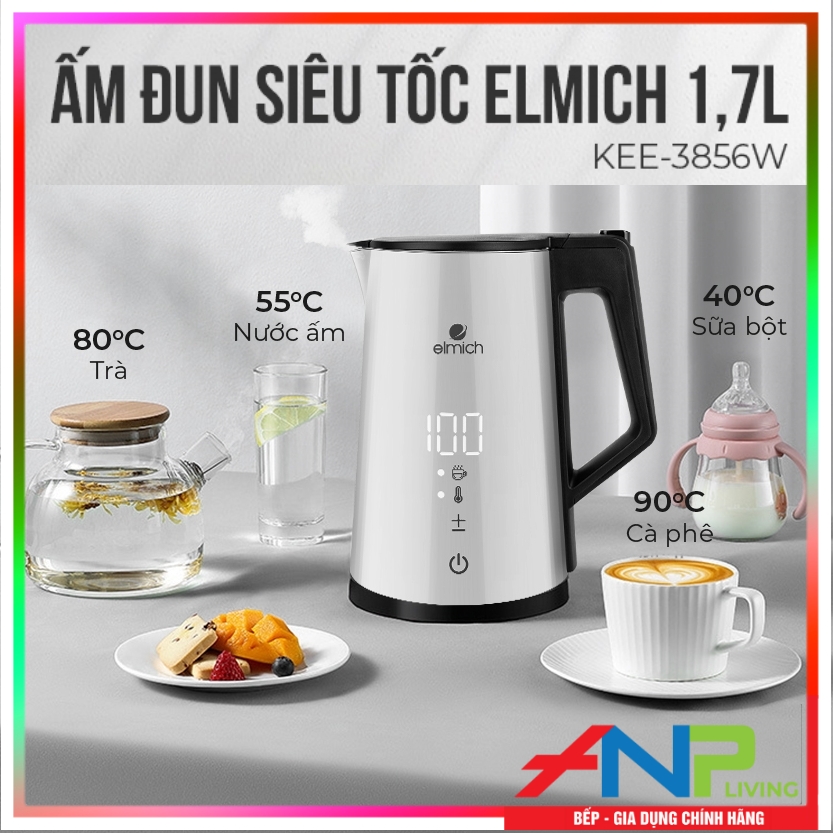 Ấm đun siêu tốc Elmich KEE-3856 (Cấu Tạo 2 Lớp, Dung tích 1,7 Lít, Công suất 2200W, Màn Hình Cảm Ứng, Hiển Thị 5 Mức Cài Đặt Nhiệt Độ) - Hàng Chính Hãng