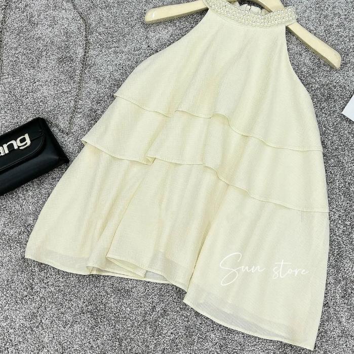 Áo kiểu, Áo yếm, áo cổ yếm đính ngọc tơ đũi xếp tầng xòe phong cách Trendy Clothing D8