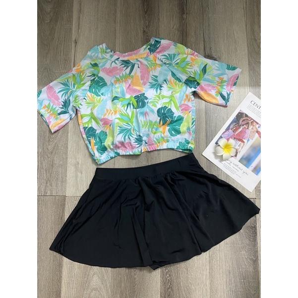 Đồ bơi nữ big size kín đáo- Bikini đi biển tay ngắn áo croptop váy xoè- shopnabi