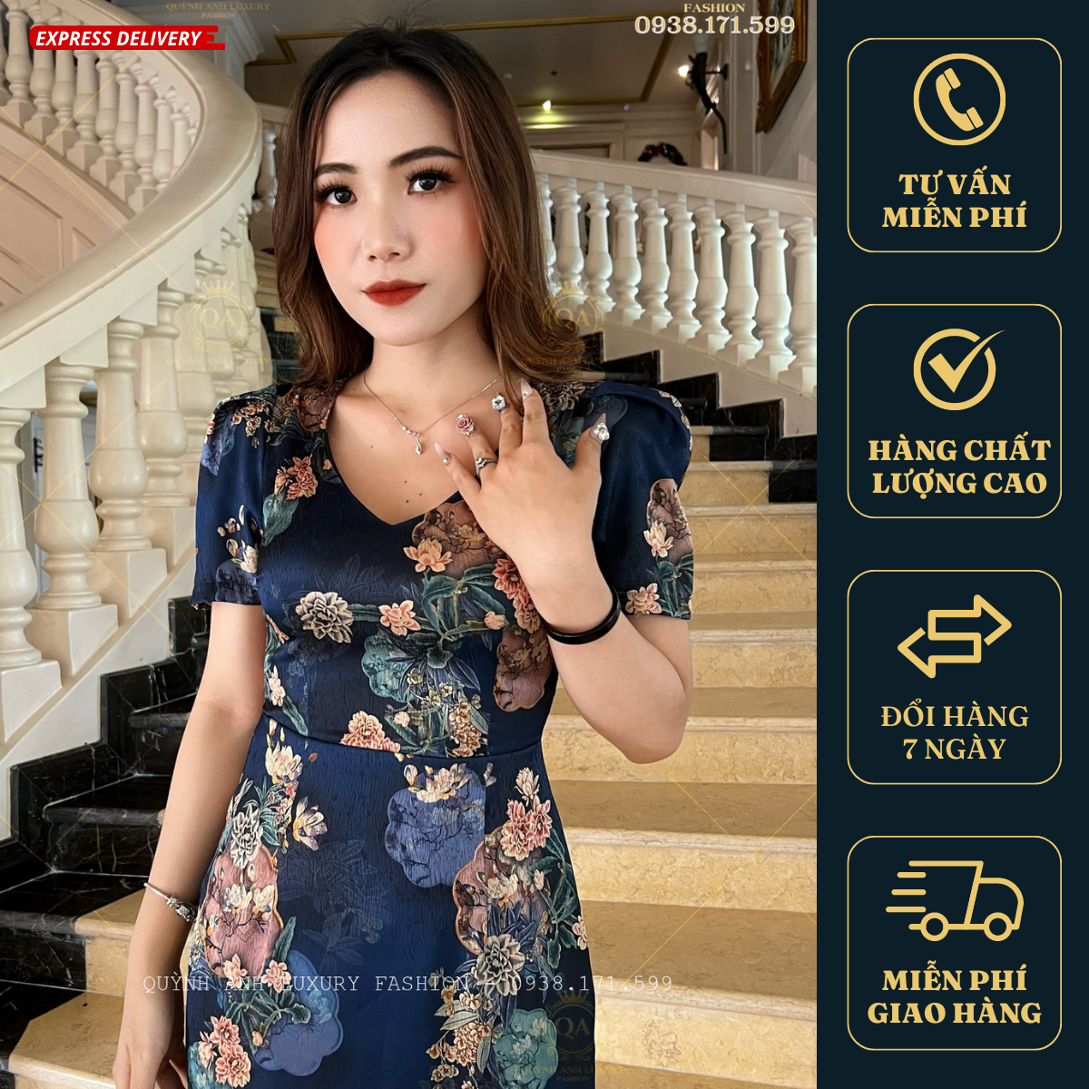 Váy Đầm Suông Hoa 3D Tone Xanh Đen Cổ Tim Lụa Vân Pháp Cao Cấp Mabel Dress