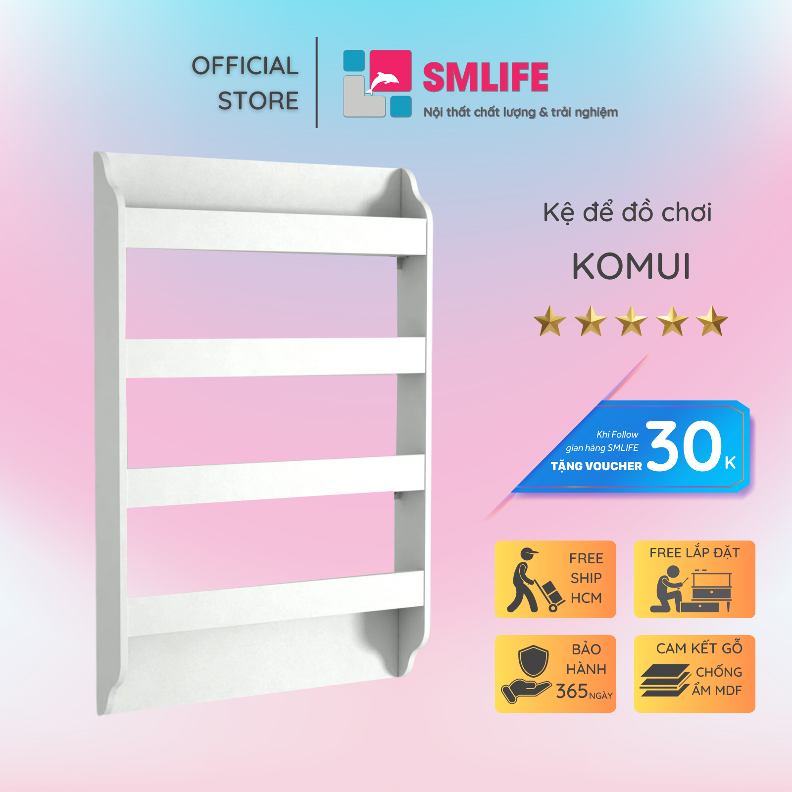 Kệ để đồ chơi cho bé SMLIFE Komui | Gỗ MDF dày 17mm chống ẩm | D75xR15xC120cm
