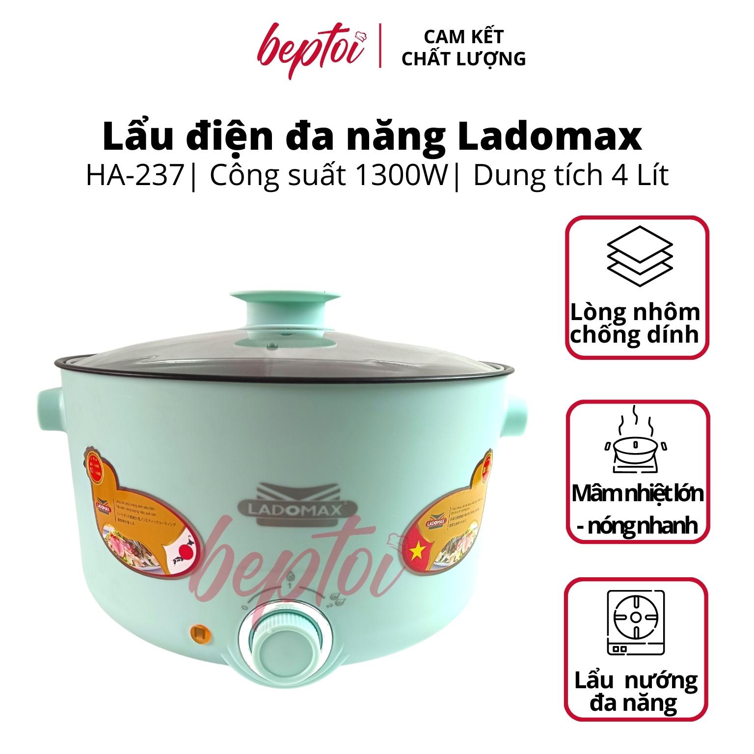 Nồi lẩu điện đa năng Ladomax, bếp lẩu điện mini dung tích 4 Lít công suất 1300W HA-237 - Hàng Chính Hãng