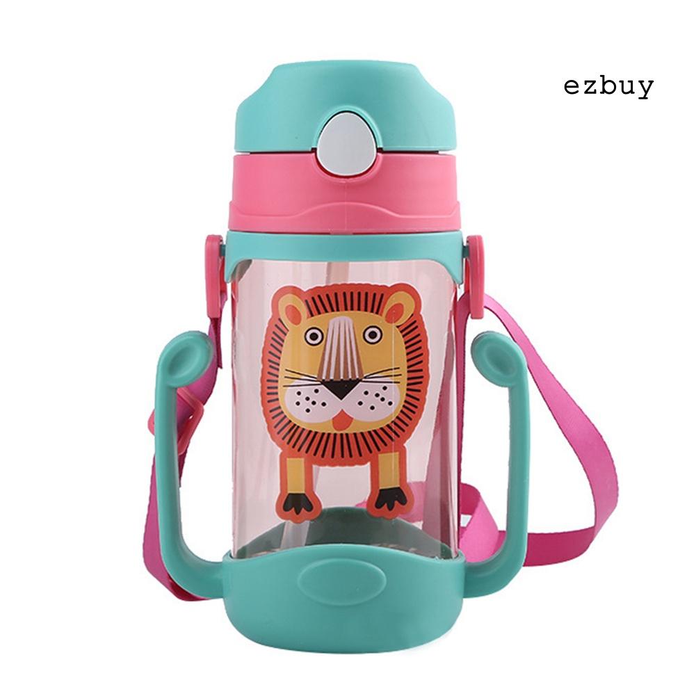 Bình nước 400ml chống rò rỉ họa tiết hoạt hình có ống hút và dây đeo cho bé