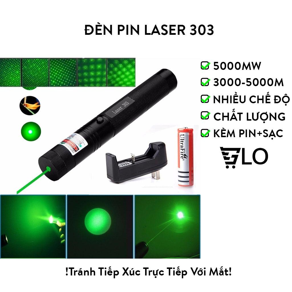 Đèn Pin Laser 303 Ánh Sáng Xanh Lá Hoặc Đỏ Chiếu Xa Cực Mạnh, Kèm Phụ Kiện Chiếu Sao Vạn Hoa và Pin Sạc