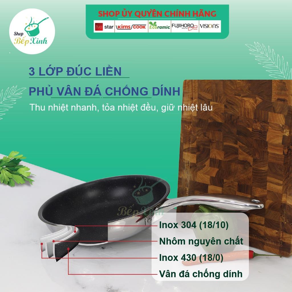 Bộ nồi chảo chống dính vân đá 3 lớp đáy liền inox 304 Fivestar Plus 6 món quai oval nắp kính