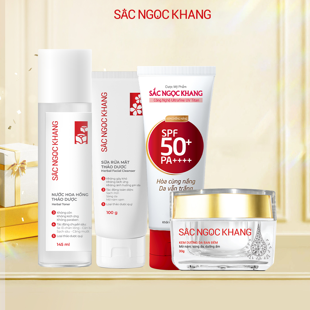 Combo dưỡng ẩm & bảo vệ da Sắc Ngọc Khang 4 món: Kem ban đêm 30g + Kem chống nắng 50g + Nước hoa hồng 145ml + Sữa rửa mặt 100g