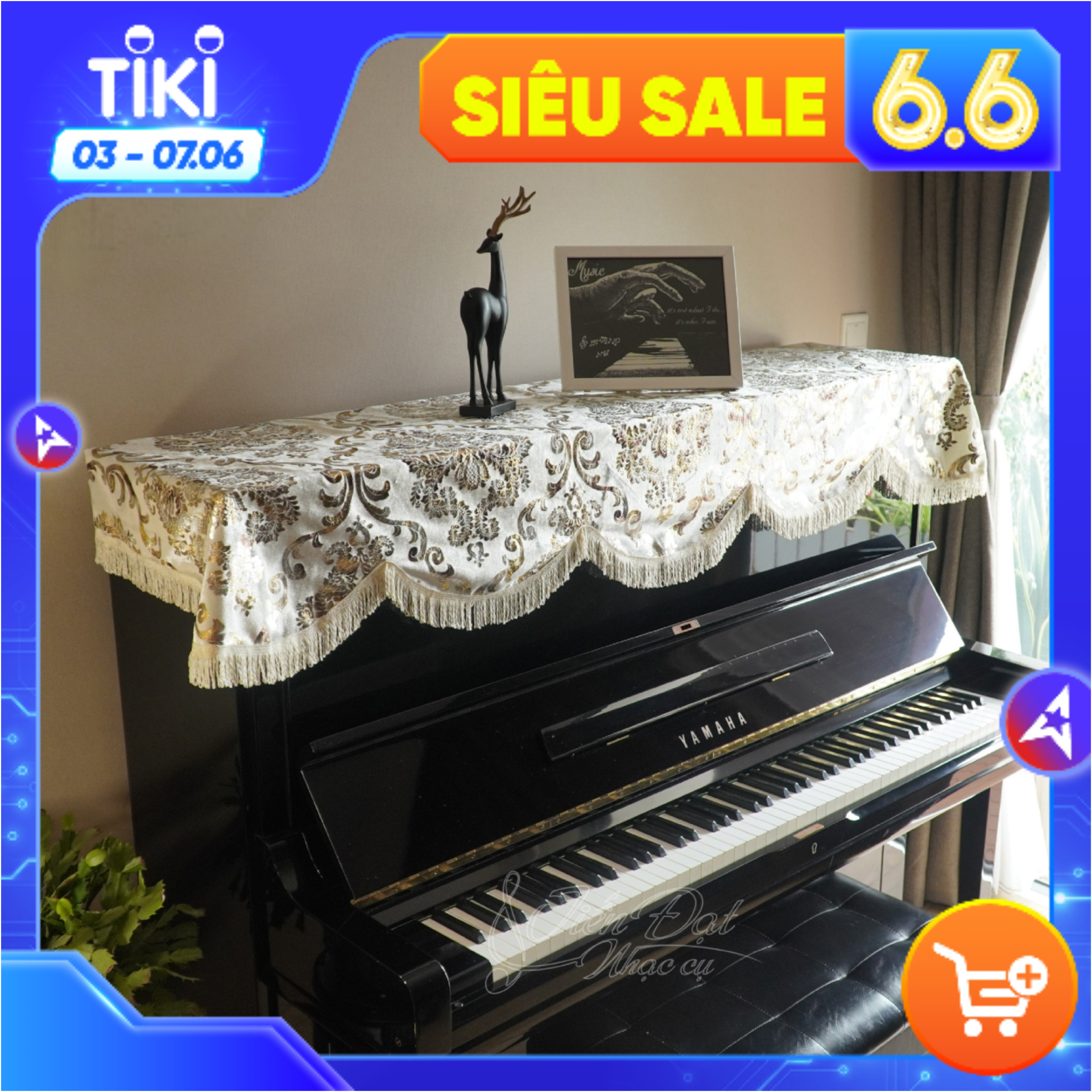 Khăn Phủ Đàn Piano Nhung Vàng Thêu Hoa Tua Rua Mềm KU-06A