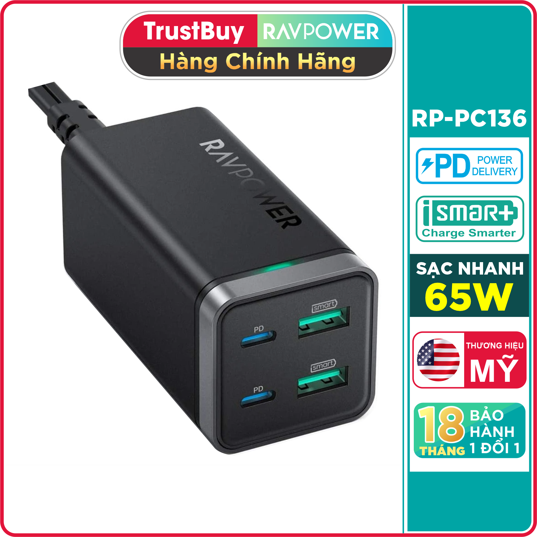 Hình ảnh Củ Sạc Điện Thoại 2 Cổng USB-A và 2 Cổng Type-C PD 65W QC 3.0 RAVPower RP-PC136 - Hàng Chính Hãng