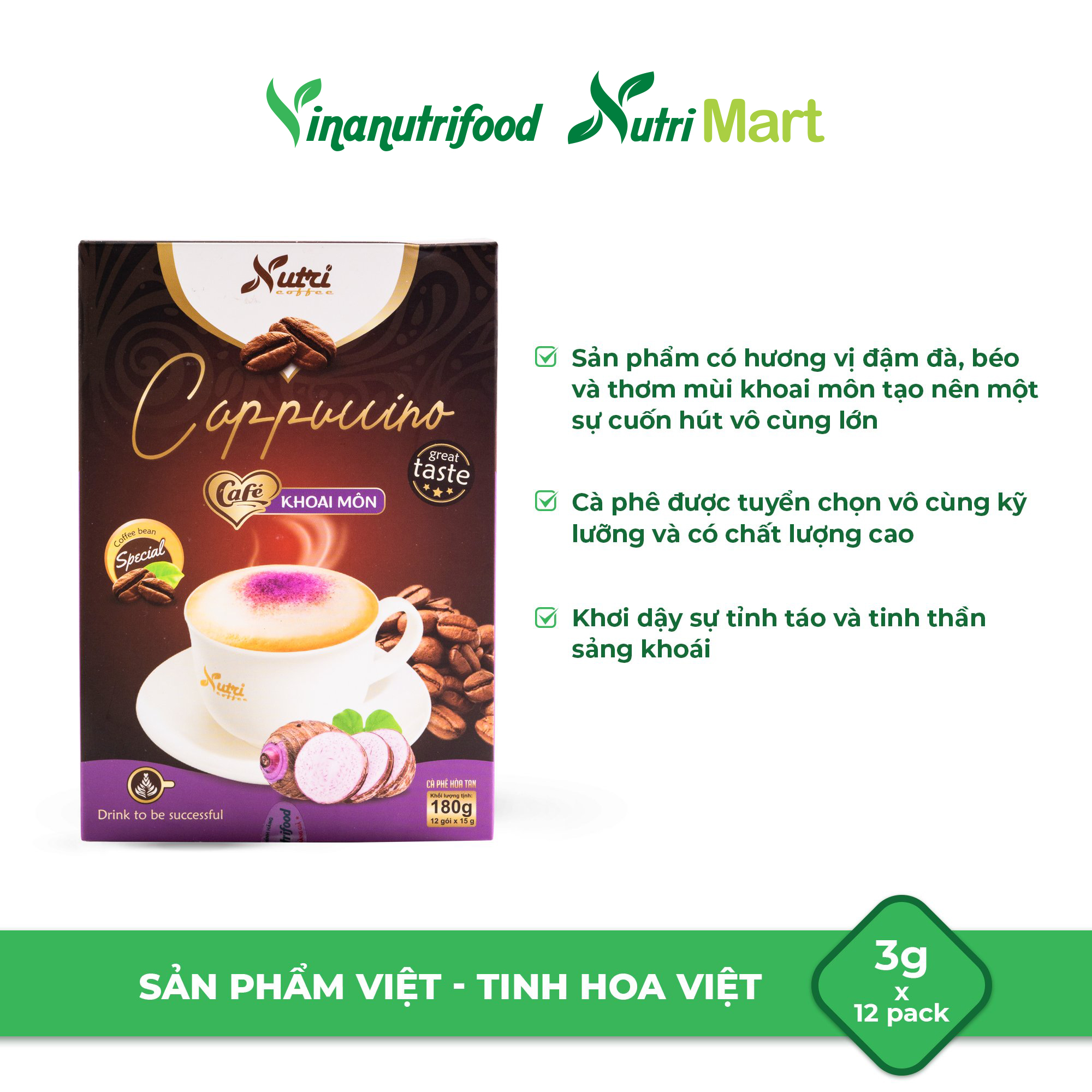 Cà phê hòa tan Capuchino Vinanutrifood vị khoai môn đem lại cho người uống hương vị thơm ngon mới lạ