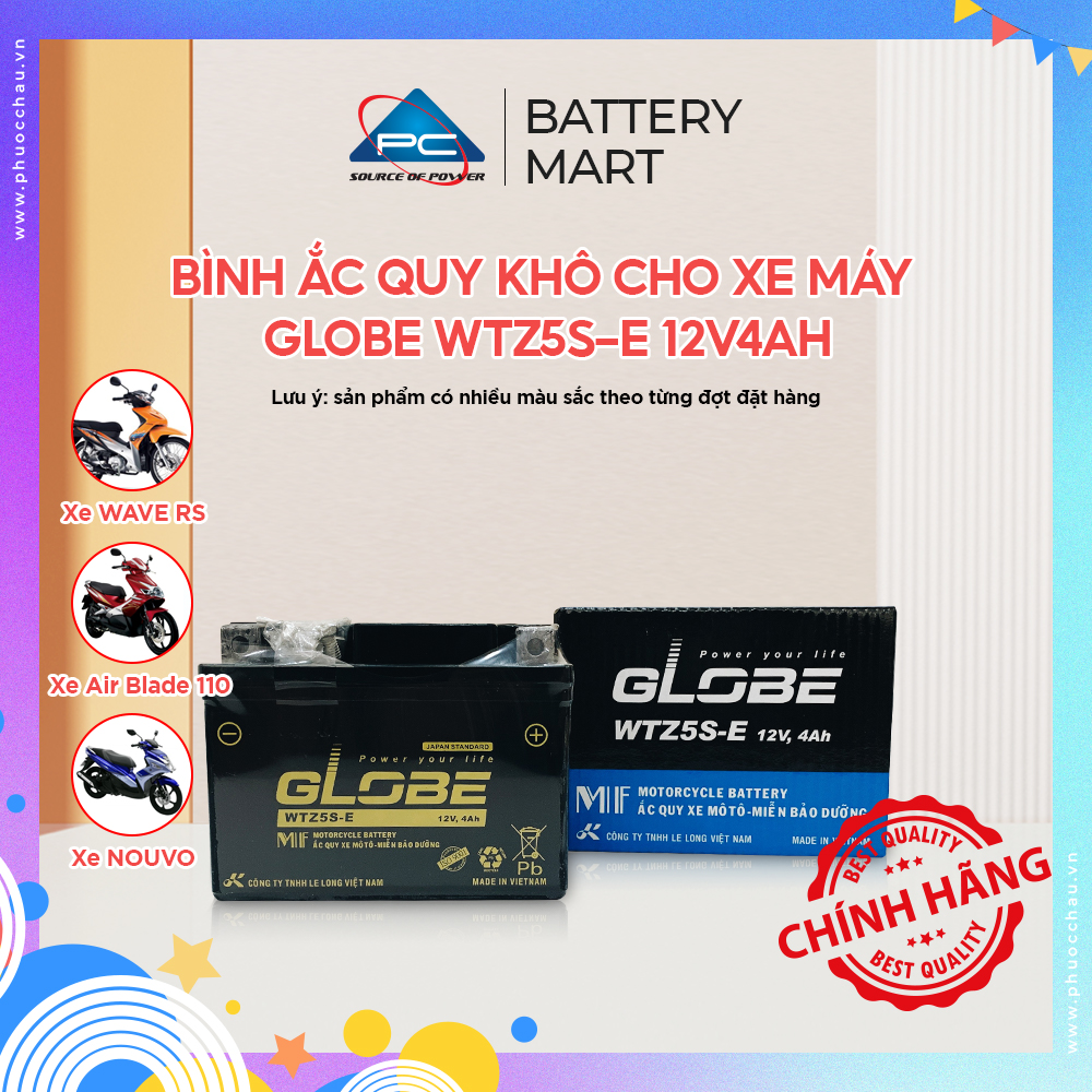 Bình Ắc Quy Lắp Cho Vision Đời Đầu, Airblade 110, Wave A, Wave Rsx, Wave S110, Nouvo, Exciter Globe WTZ5S-E 12V4AH