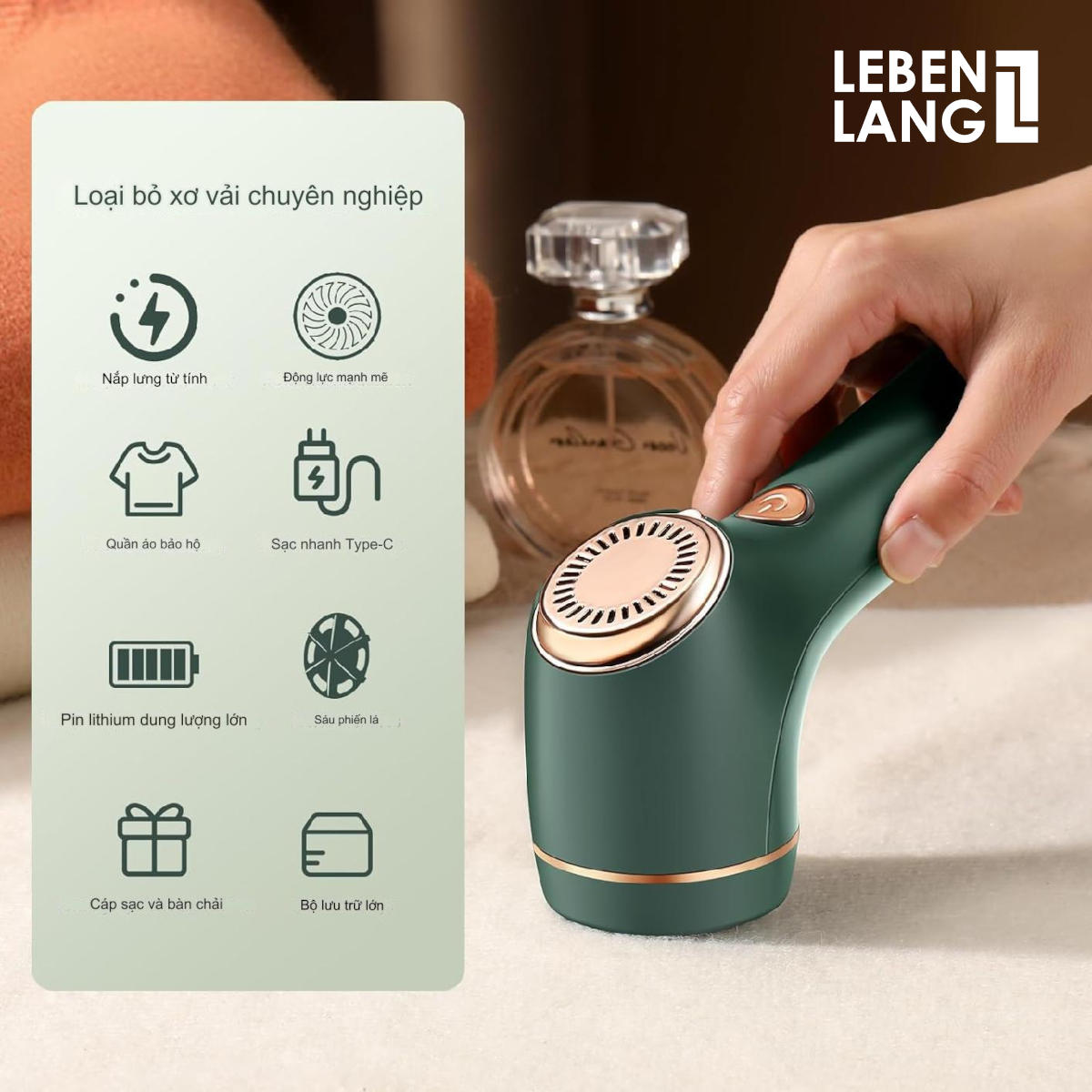 Máy cắt lông xù Lê Bên Làng basics ZB079-G, máy cắt lông xù quần áo mini sạc 1200mAh