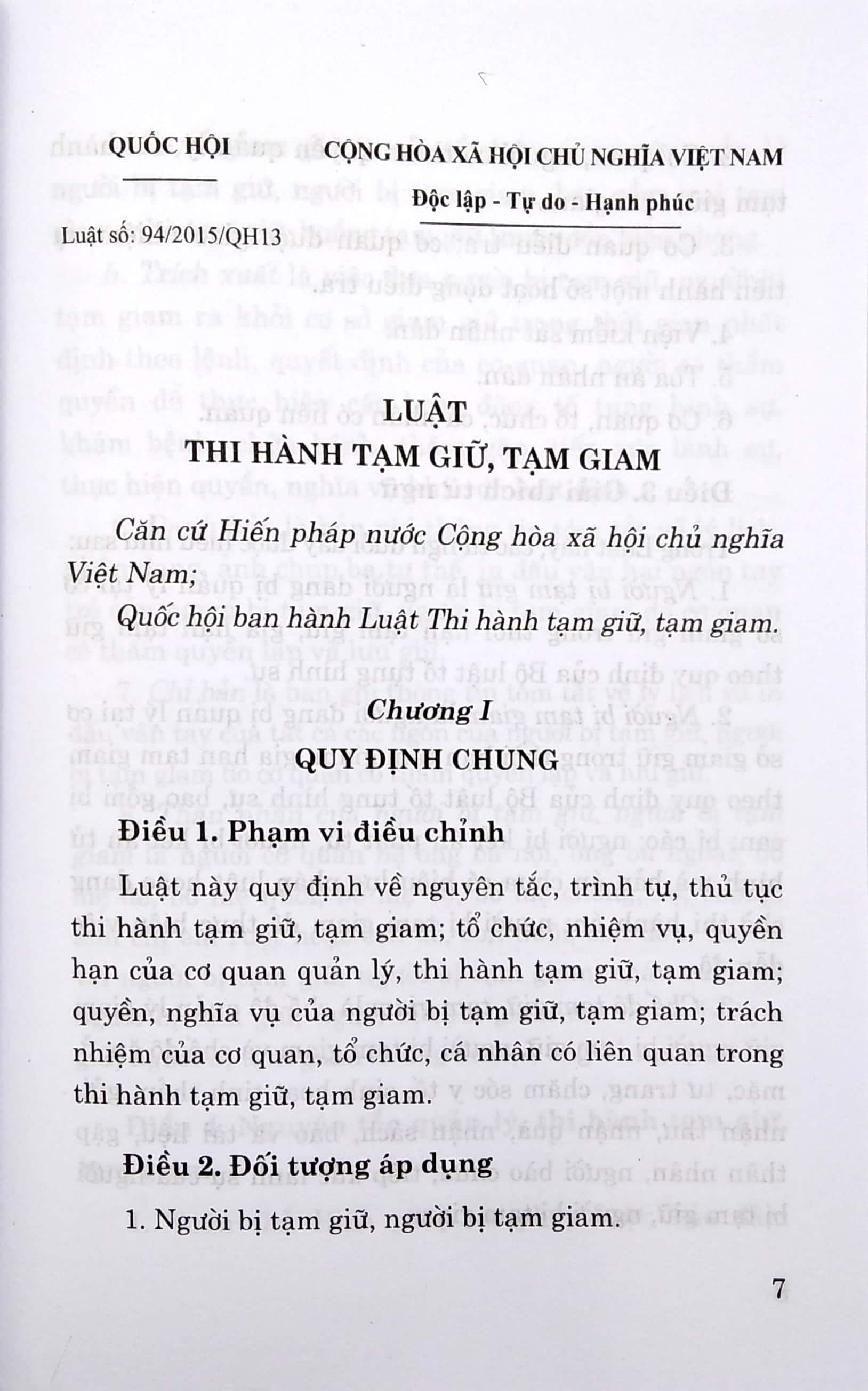Luật Thi Hành Tạm Giữ, Tạm Giam