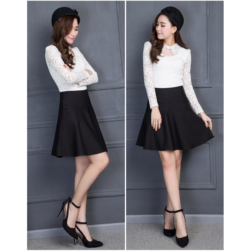 Chân váy xòe 2 túi dài ngang gối xinh xắn cho nữ