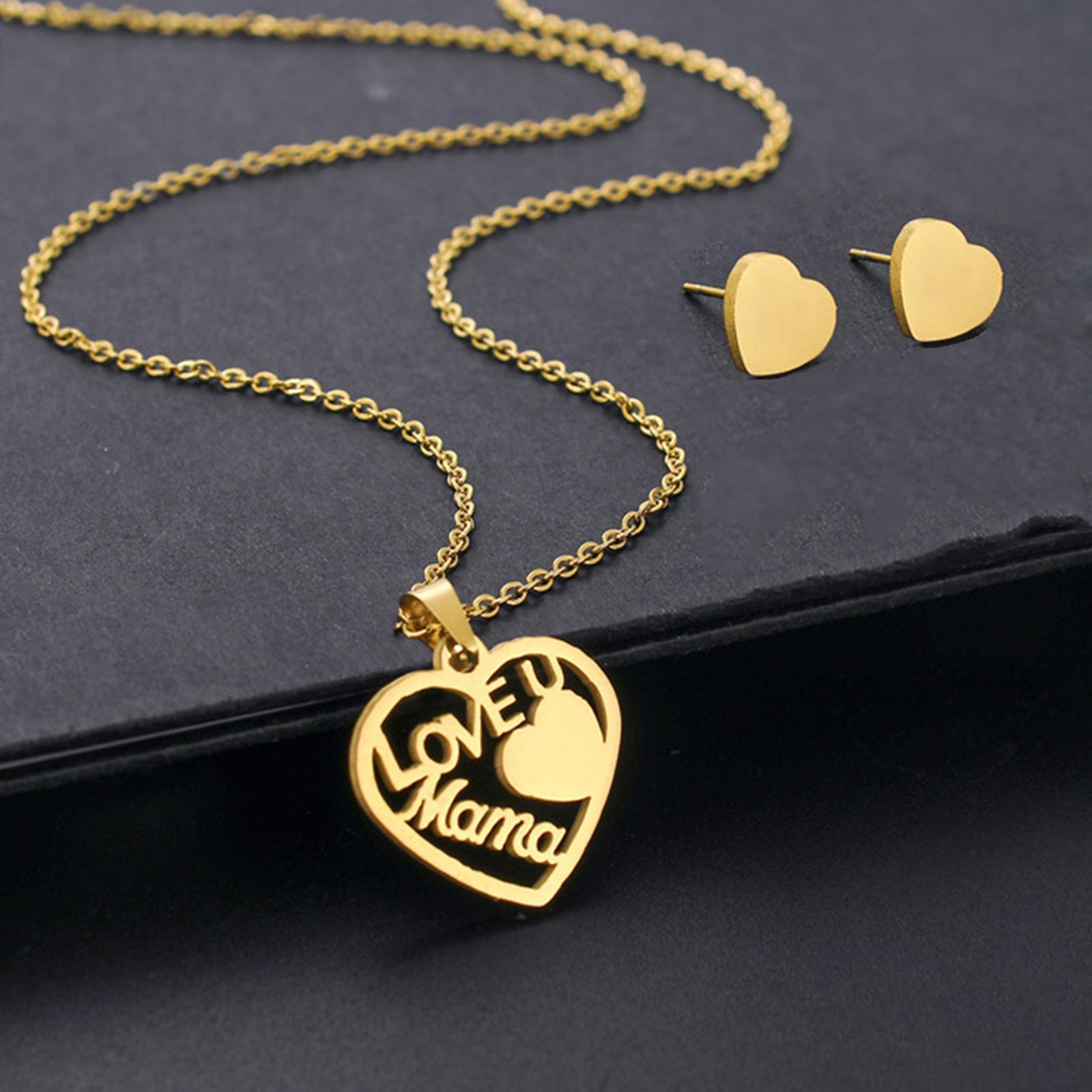 Love Mom Pendant with 2 Ear Stud Earrings Mother's Jewelry Stainless Steel