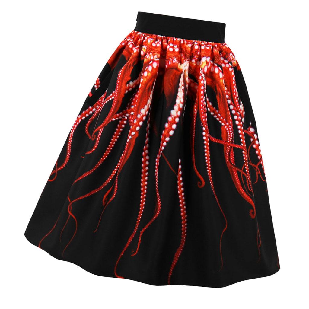 Women's Digital Print High Waisted Midi Party Skirt Vintage A-Line Pleated Skater Skirts
