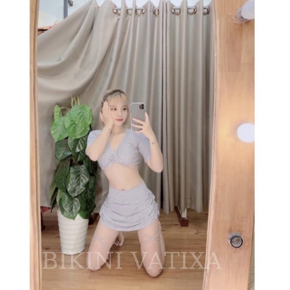 freeship Bikini, đồ bơi 2 mảnh áo tay ngắn váy rút dây sành điệu, kín đáo VATIXA BKN09