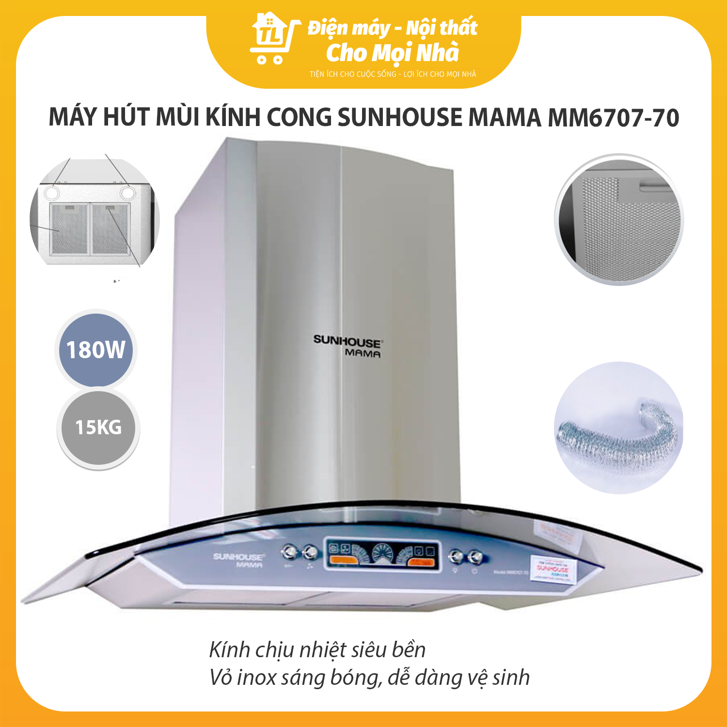 Máy hút mùi kính cong Sunhouse Mama MM6707-70 - Hàng chính hãng