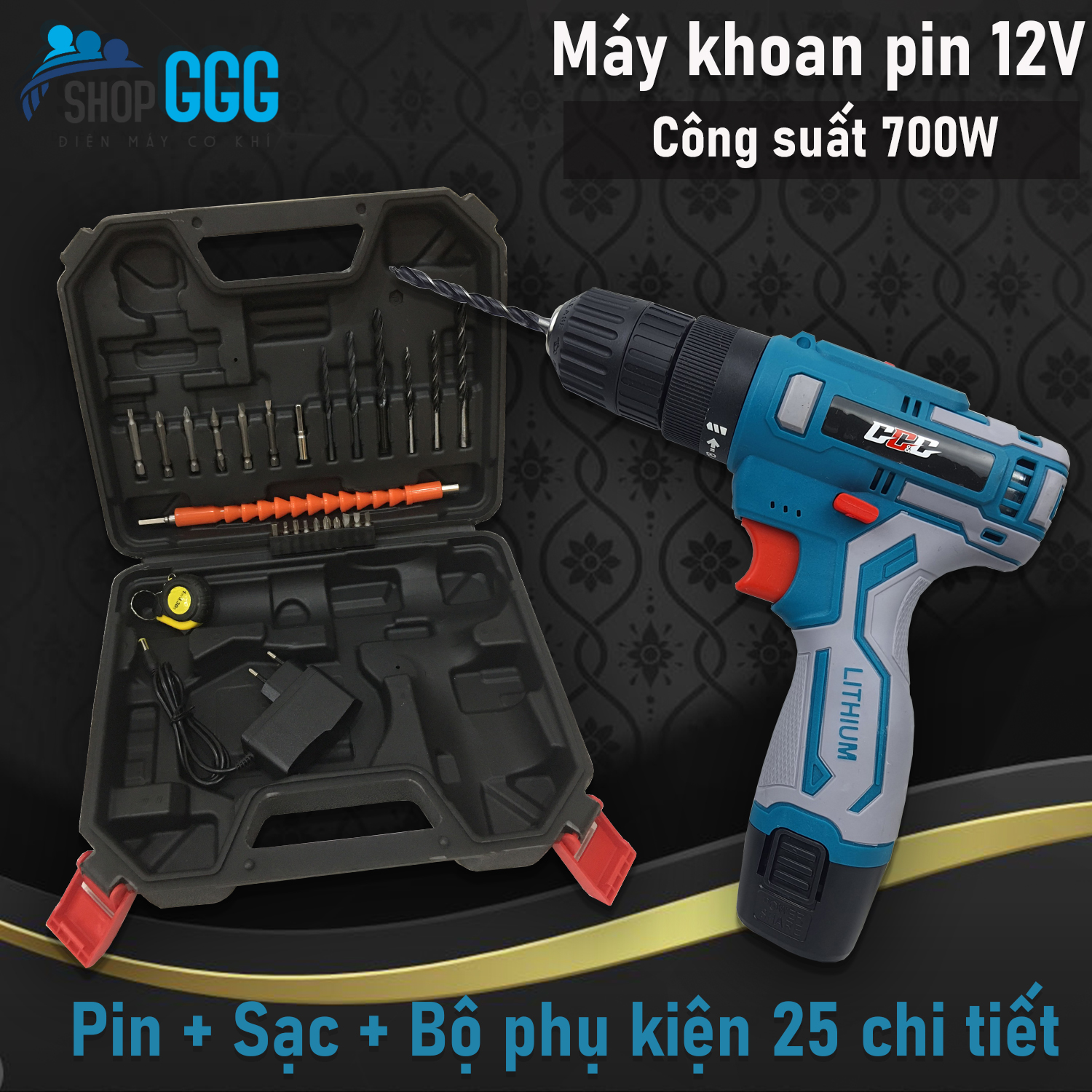Máy khoan pin 12V, công suất 700W chính hãng GGG - khoan bắt vít không dây có đảo chiều, đèn led - khoan sắt, khoan gỗ - TẶNG BỘ 24 CHI TIẾT