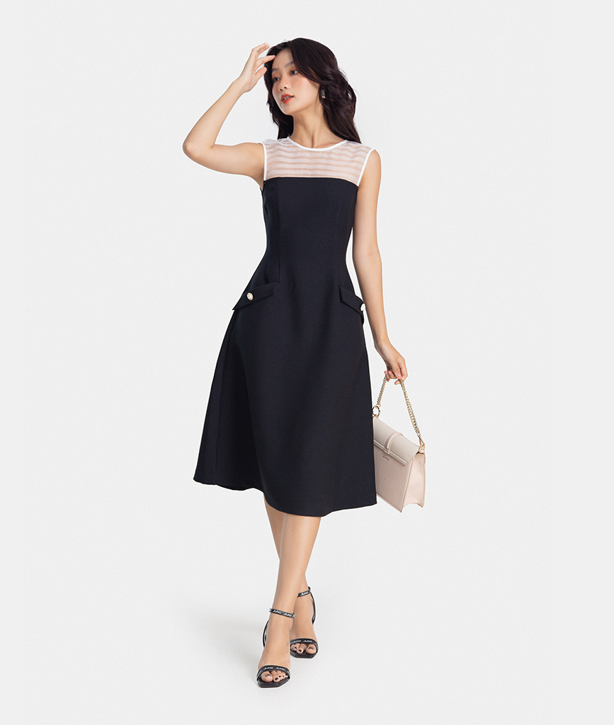 Đầm Lửng Thời Trang HNOSS Kiểu Mini Phối Organza Sọc HNDLU035
