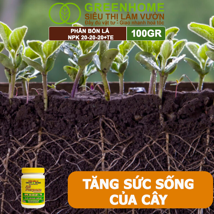 Phân Bón Lá Grow More NPK 20-20-20, GreenHome, Chai 100GR, To Củ, Lớn Trái, Chắc Hạt