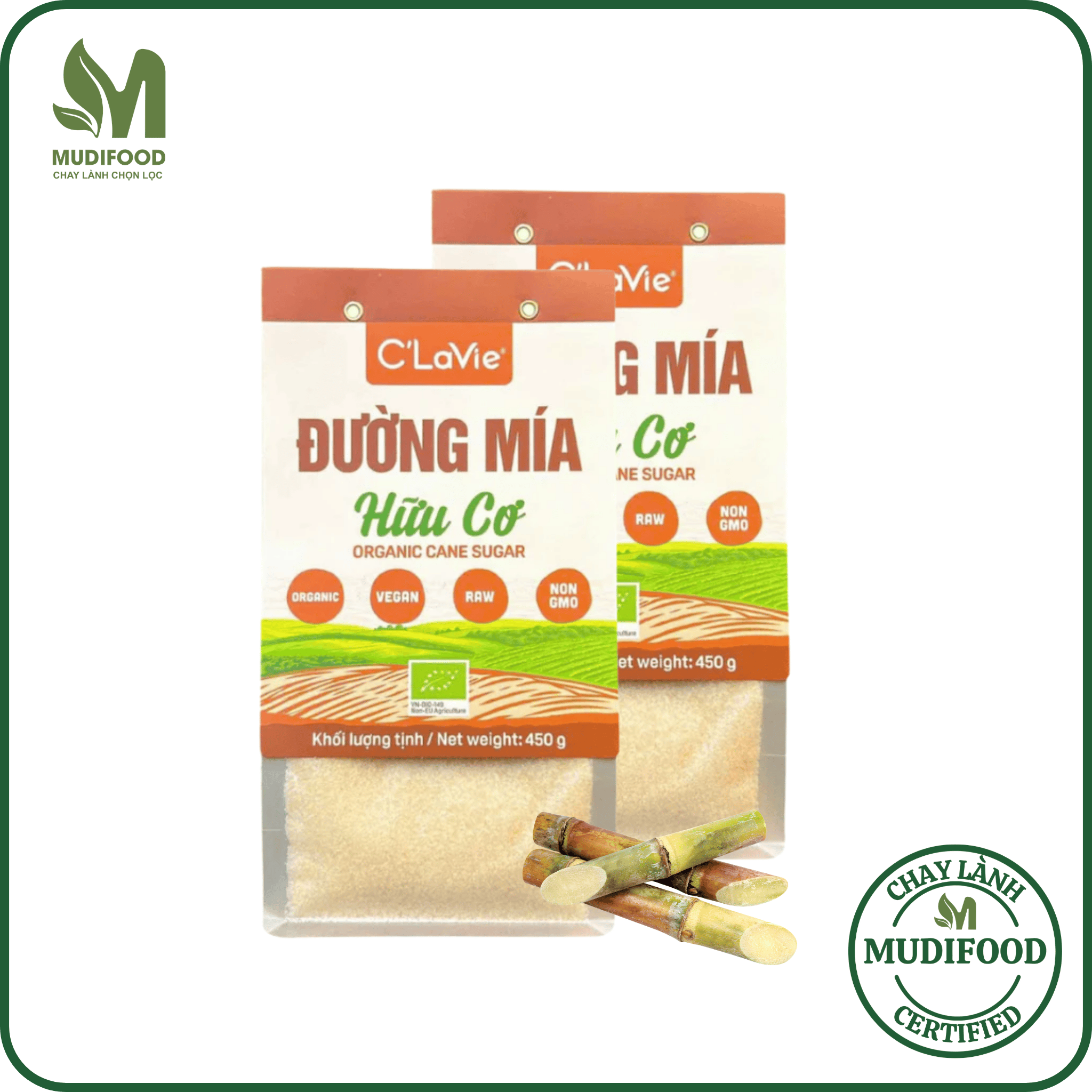 Đường Mía Hữu Cơ C'Lavie Túi 450g - Đường Tự Nhiên, Ngọt Thanh, Không Tẩy Trắng, Dùng Nấu Ăn, Làm Bánh, Pha Chế Đồ Uống Tốt Đối Với Sức Khỏe