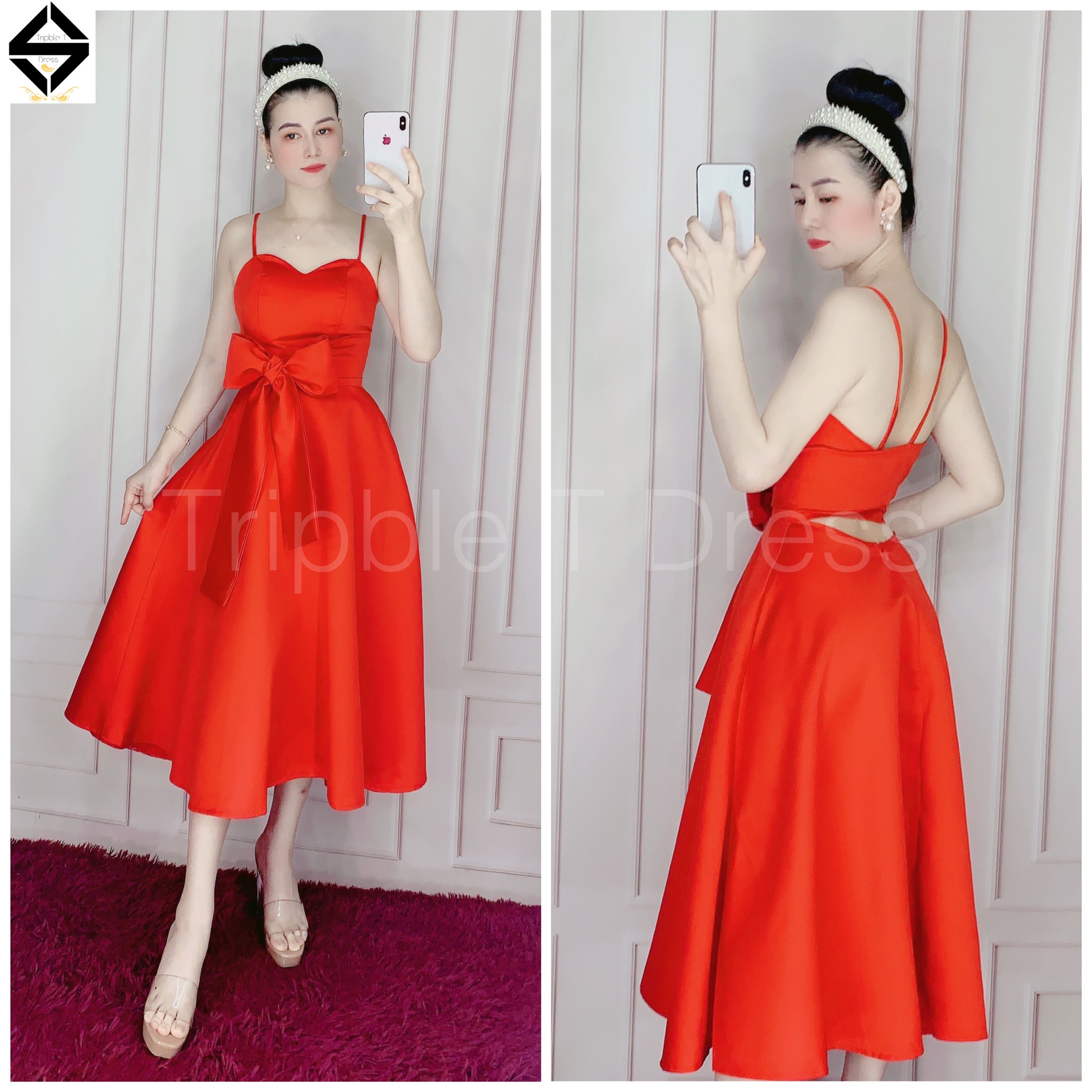 Đầm xoè dự tiệc 2 dây hở lưng mặc được 2 kiểu TRIPBLE T DRESS - size M/L - MS107Y