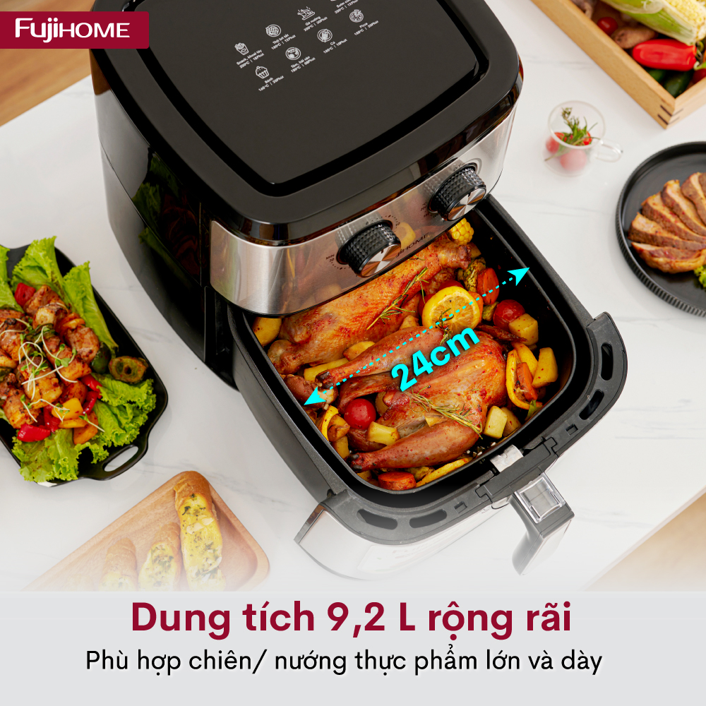 Nồi chiên không dầu 9.2L Nhật Bản Fujihome tự ngắt (kèm gắp), Lò chiên nướng không khí cơ 9 lít không hơi nước air fryer - Hàng Nhập Khẩu