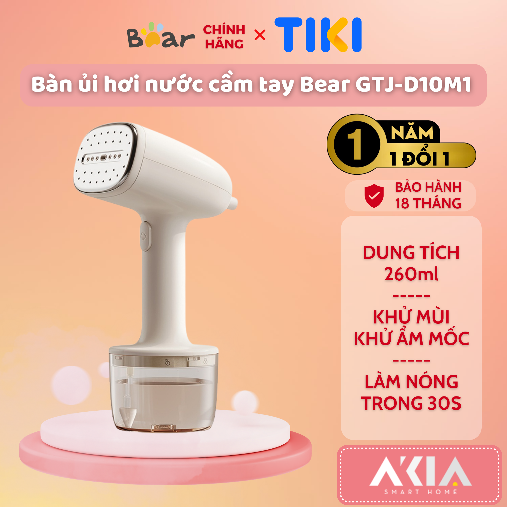 Bàn ủi hơi nước cầm tay Bear GTJ-D10M1 - Công suất 1000W, Làm nóng nhanh trong 10s, Khử mùi và ẩm mốc - Hàng chính hãng