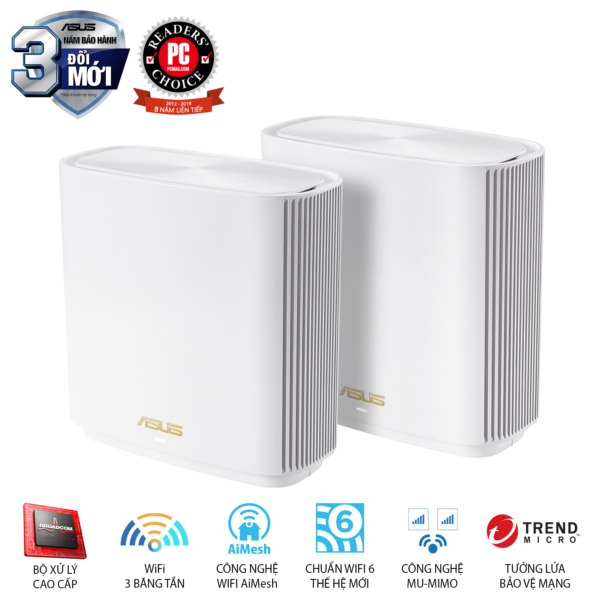 Hệ Thống MESH WI-FI 6 ASUS XT8 (W-2-PK) ZenWiFi Chuẩn AX6600 3 Băng Tần- Hàng Chính Hãng