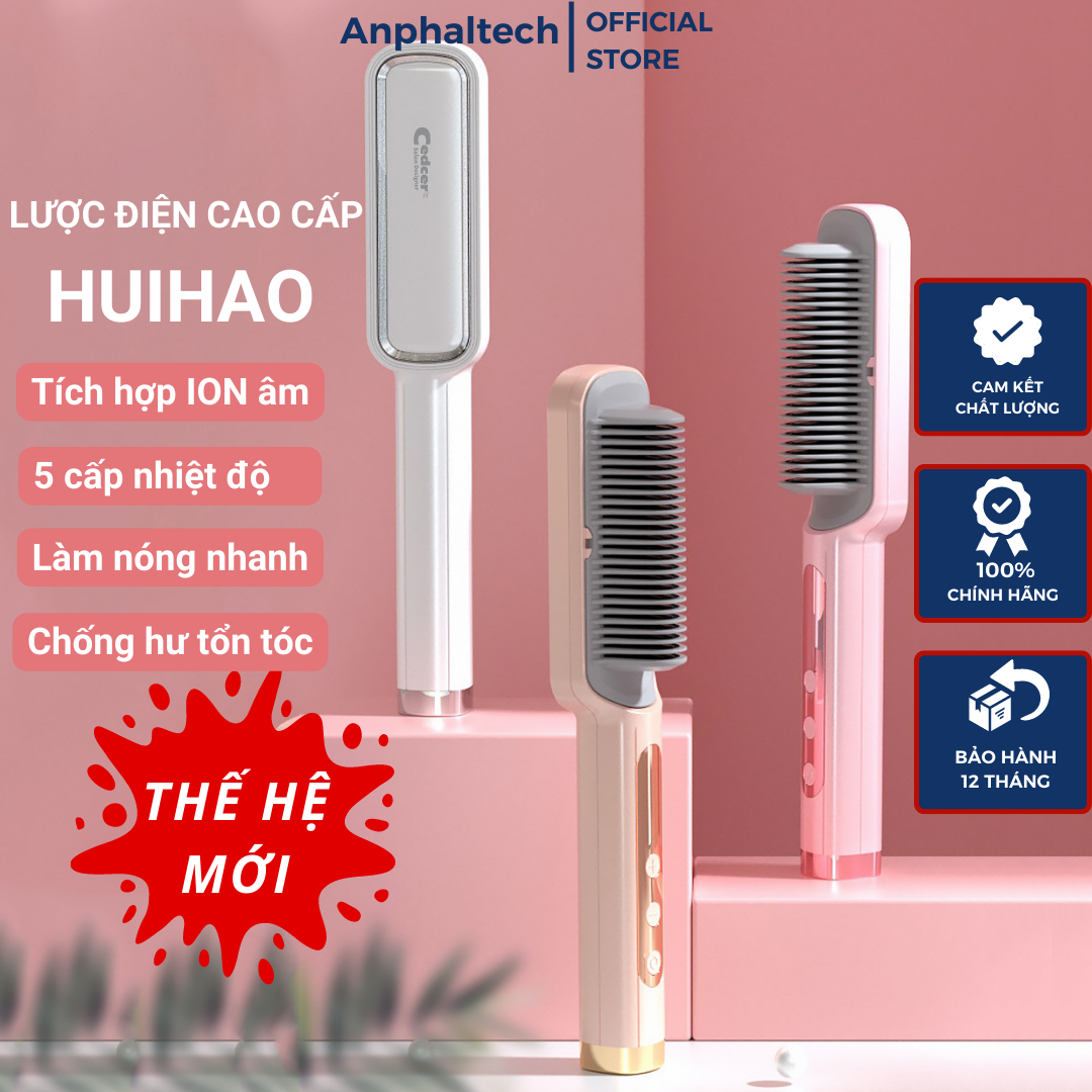 Lược Điện Chải Tóc Tạo Kiểu Tóc HUIHAO S12, Lược Điện Uốn Tóc Đa Năng Làm Nóng Nhanh 5 Cấp Độ,Tích Hợp ION Âm Bảo Vệ Tóc