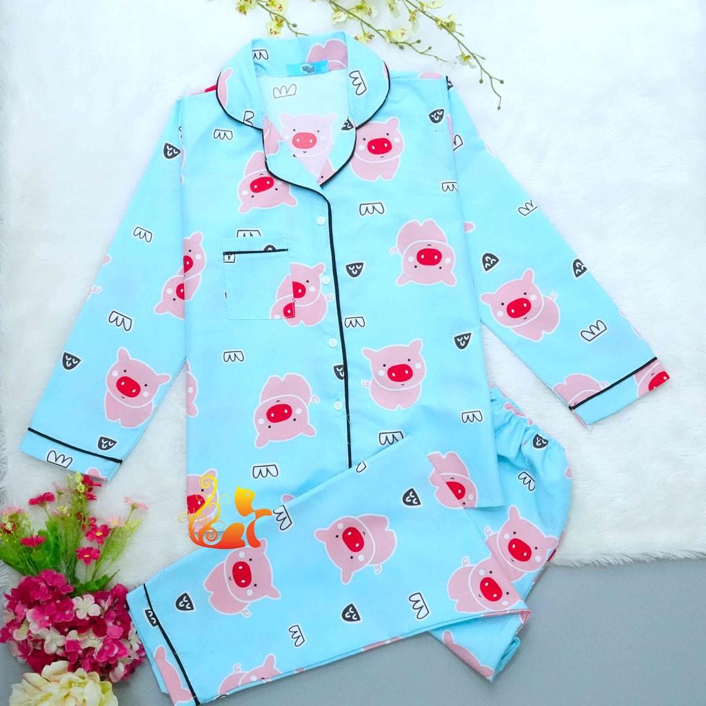 Đồ Bộ Mặc Nhà &quot;Heo mũi đỏ&quot; Pijama Kate Thái Tay Dài - Dưới 60kg