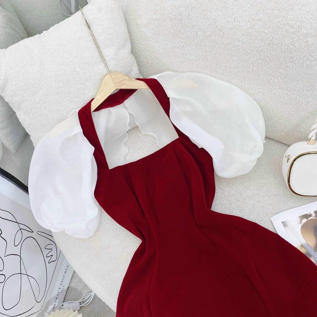 Đầm nhung đỏ xoè dài phối tay voan