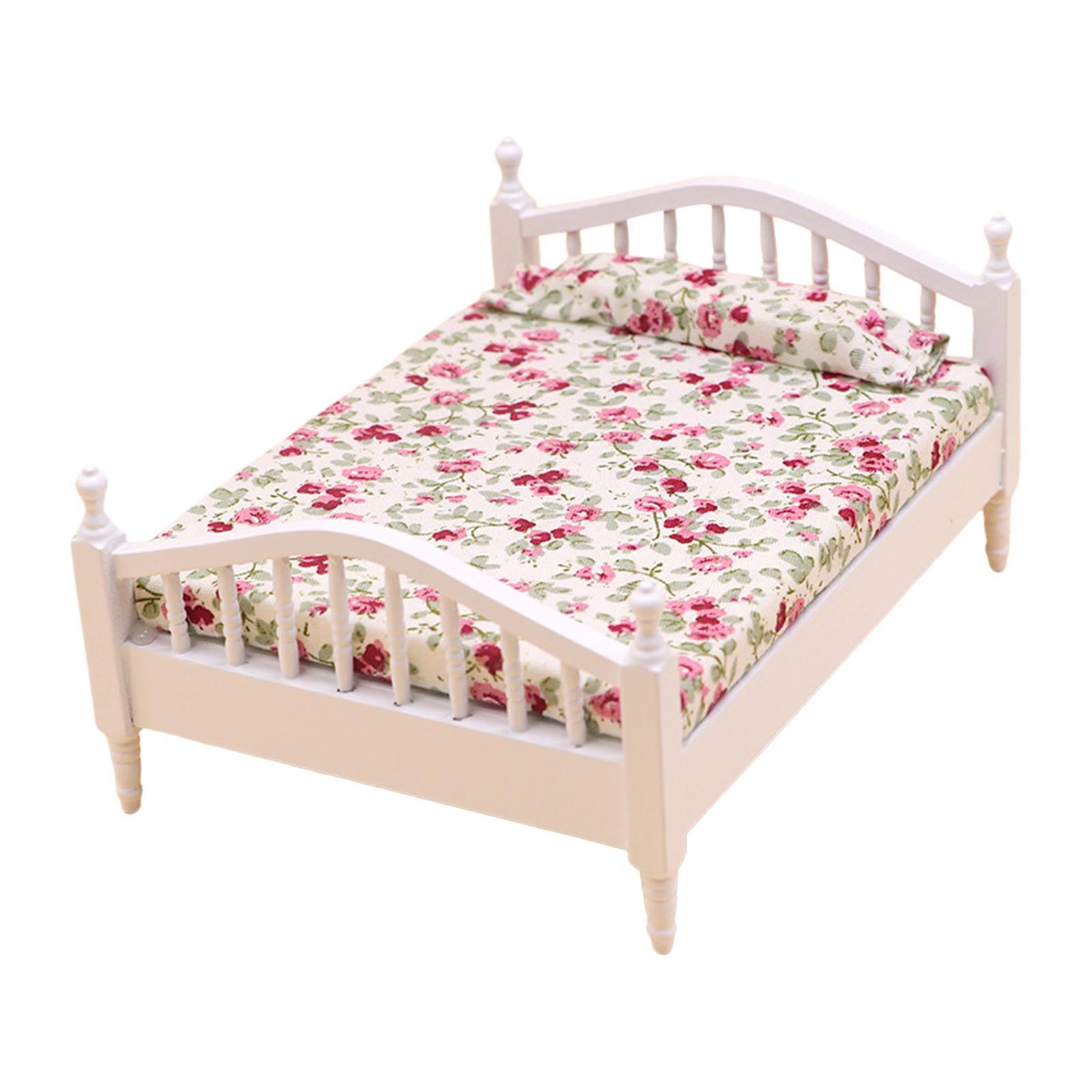 Dollhouse Miniature Bed Single Bed Model DIY Scene Model White and Pink