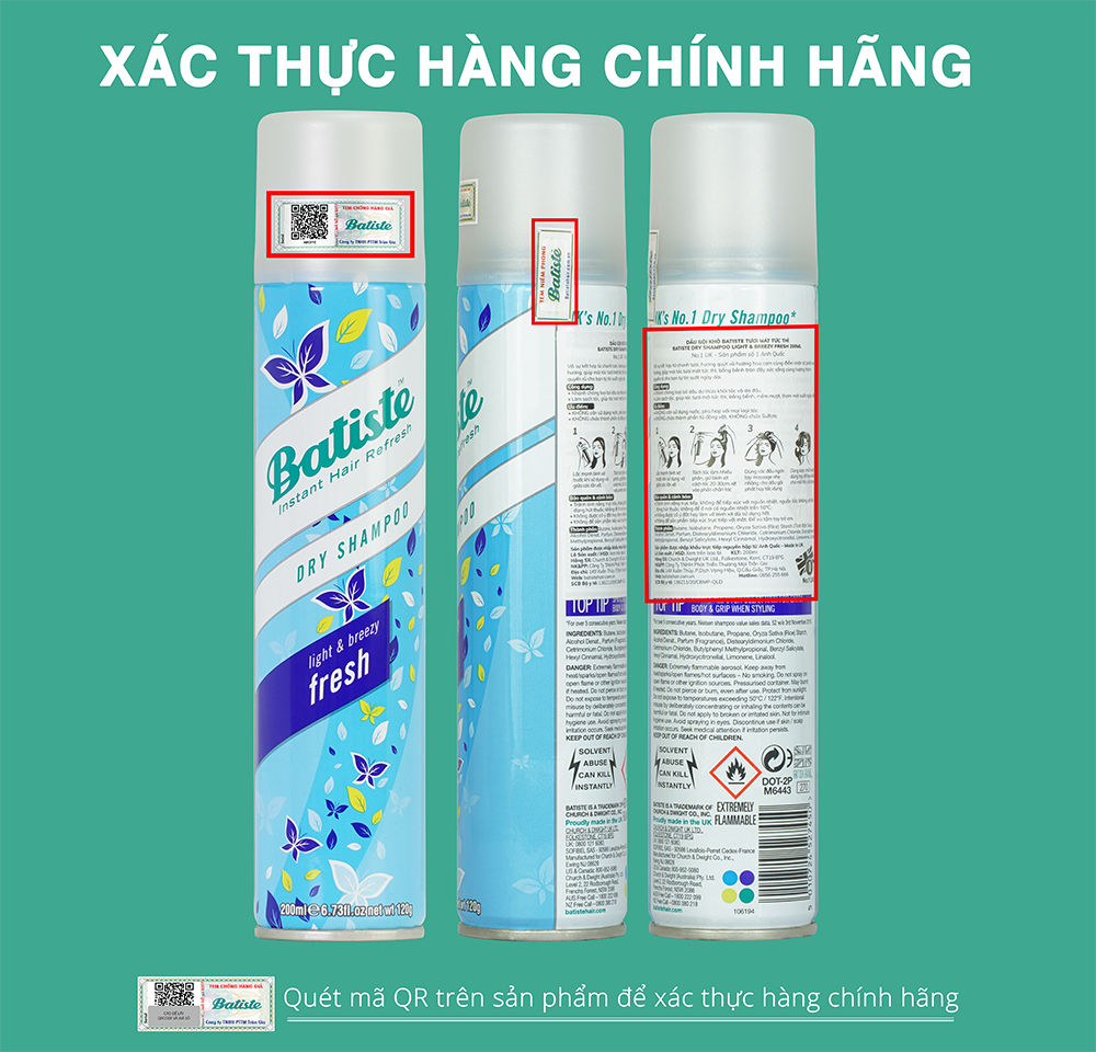 Dầu Gội Khô Batiste Tươi Mát Tức Thì - Batiste Dry Shampoo Light &amp; Breezy Fresh 200ml