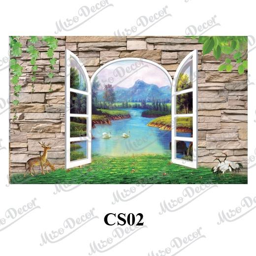 Tranh dán tường 3D cửa sổ phong cảnh in decal PP