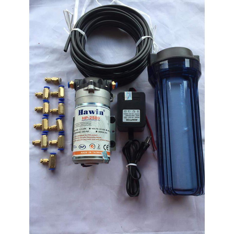 Bơm phun sương hawin HP-2500. lọc ly 10 béc đồng. 20m dây