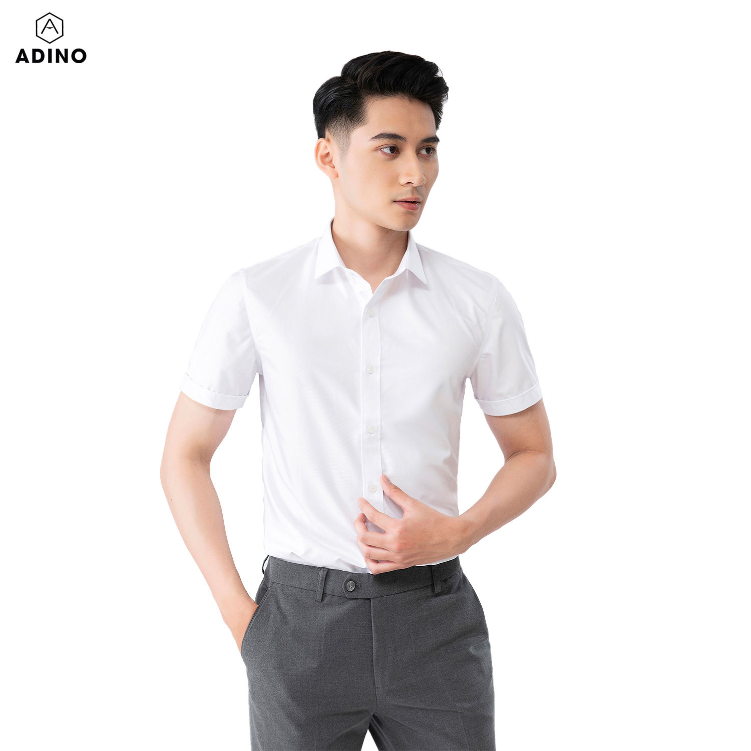 Áo sơ mi nam tay ngắn ADINO màu trắng tinh vải sợi sồi modal dáng slimfit trẻ trung CT102