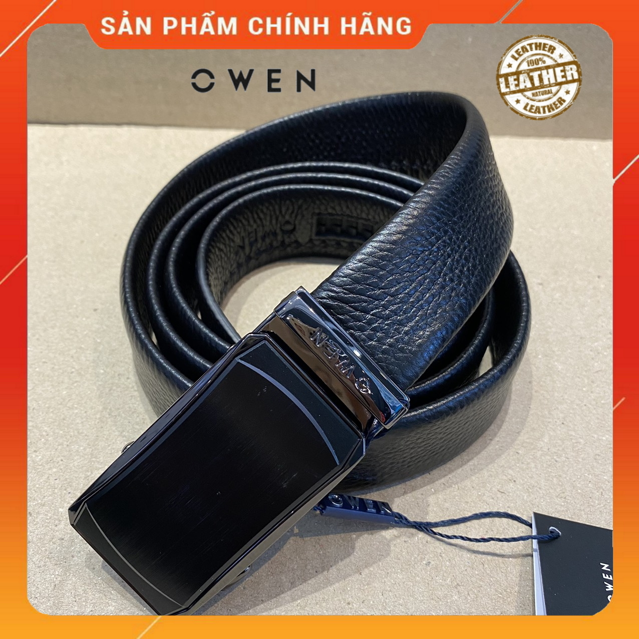 OWEN - Thắt lưng Owen 100% da thật màu đen, mặt khóa trượt