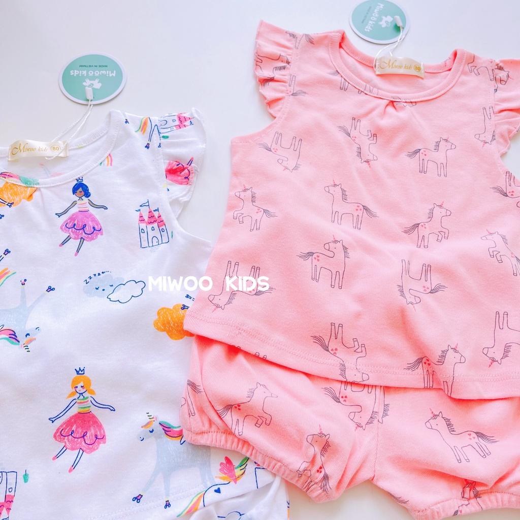 Miwoo Kids - Bộ Đồ Bé Gái Vải Cotton In Họa Tiết Áo Tay Cánh Tiên Phối Quần Short Bo Chun Cho bé 7-20kg