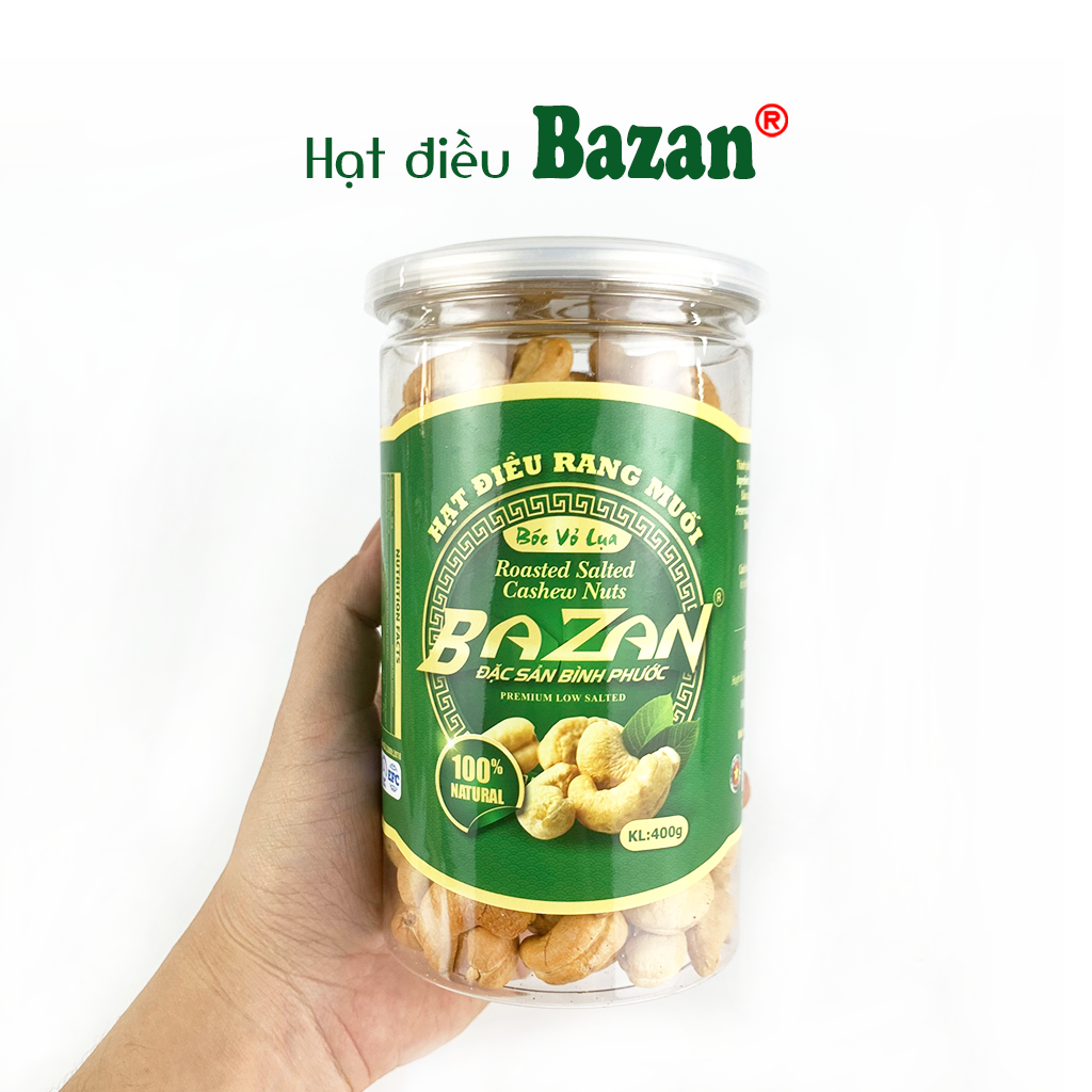 Hạt điều rang muối Bazan Bình Phước nguyên hạt dinh dưỡng A+ loại 1 hộp 400g nắp bật sạch vỏ lụa