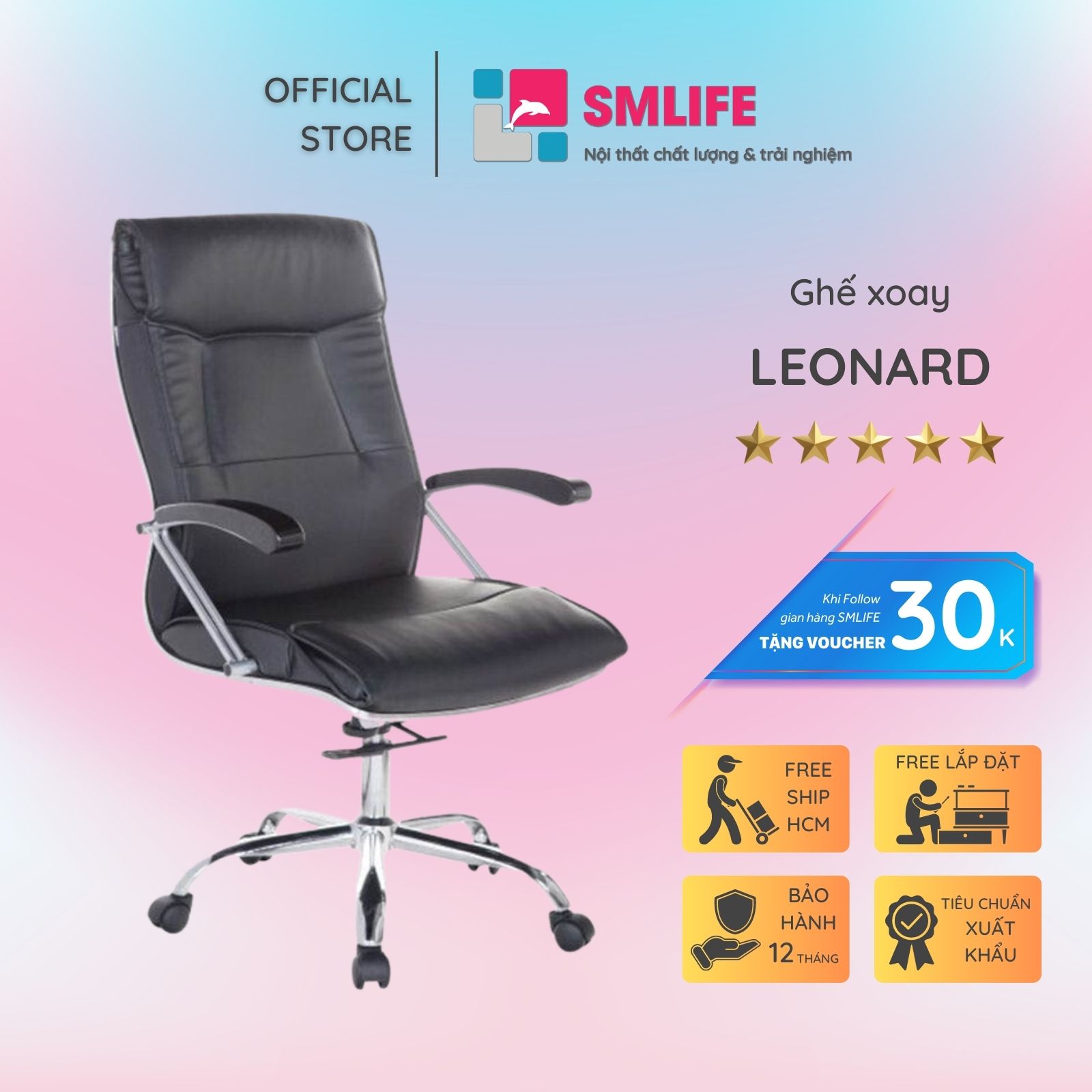 Ghế xoay văn phòng lưng cao bọc da SMLIFE Leonard