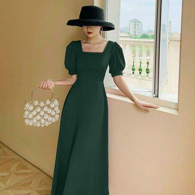 Đầm Maxi Xanh Cổ Vuông Tay Phồng