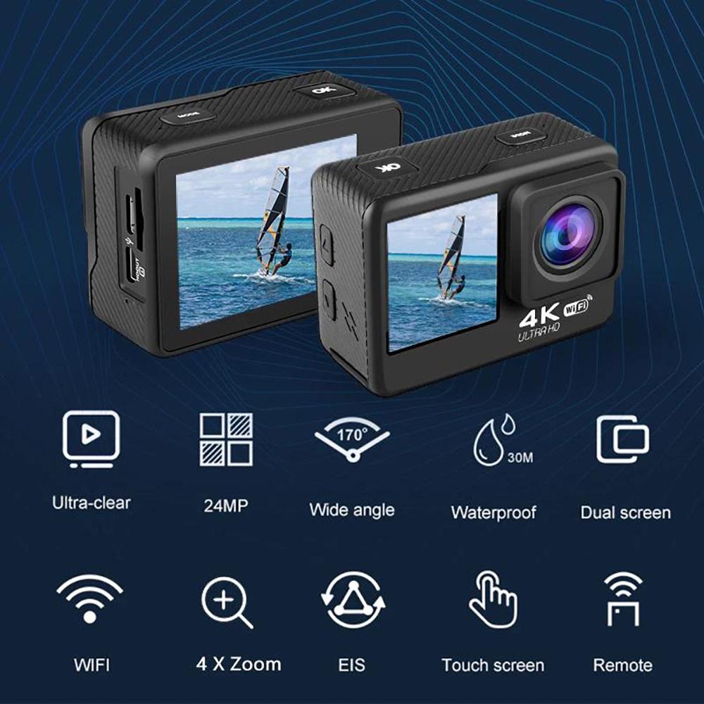 Camera hành động Huafant G9 4K 60FPS 24MP 2.0 LCD cảm ứng EIS Màn hình kép WiFi Điều khiển từ xa chống nước Zoom 4X Go Sports Pro Came